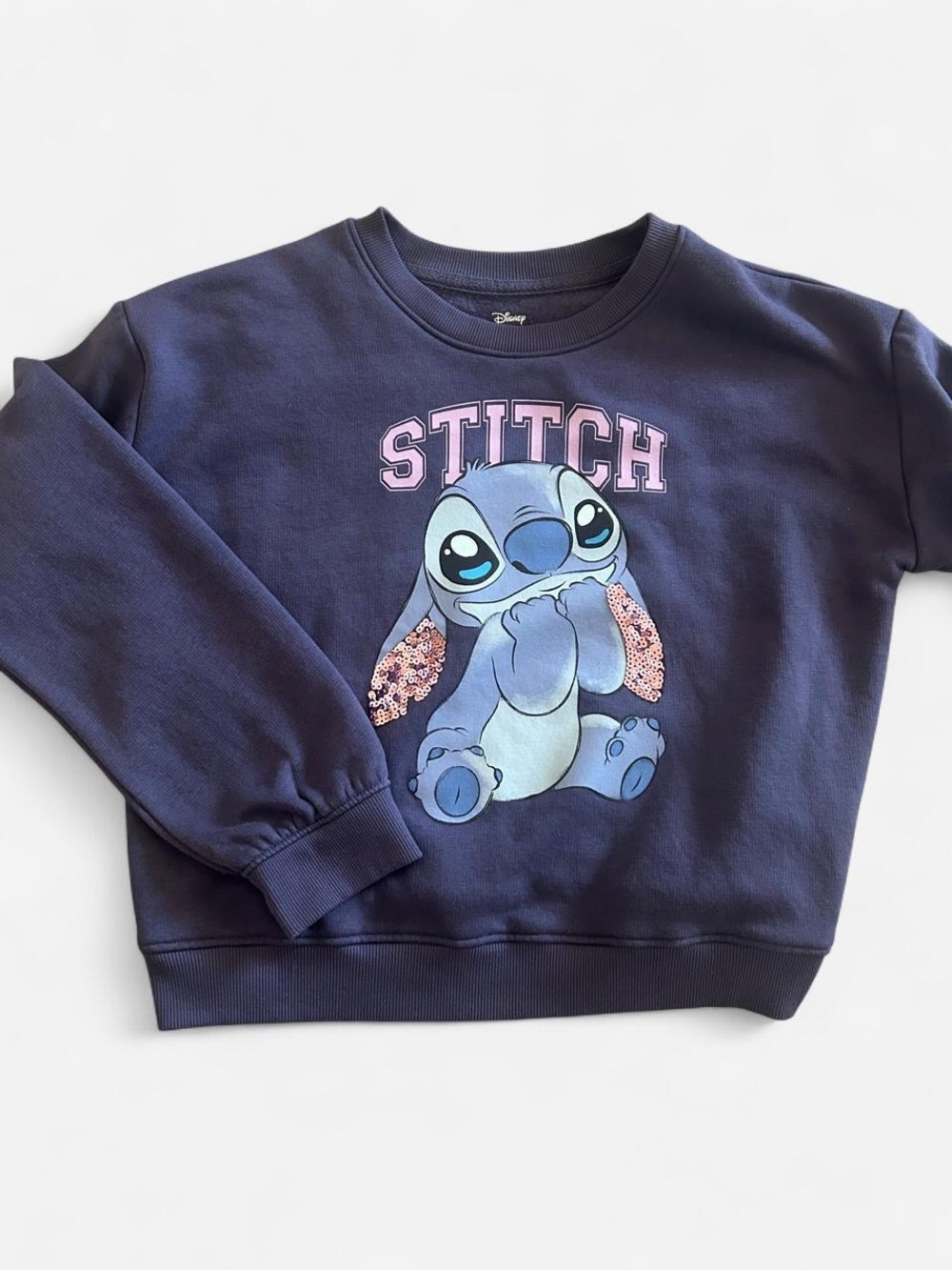 Disney Navy Blue Sweatshirt with Pink Sequin Accent - Stitch Graphic